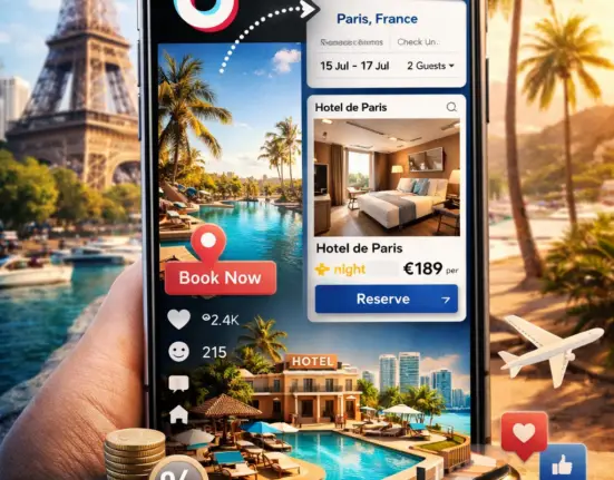 Ecran de téléphone avec une moitié TikTok et une moitié booking.com