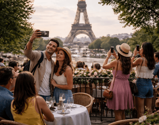 Des personnes en train de se prendre en photo avec en arrière plan la tour eiffel.